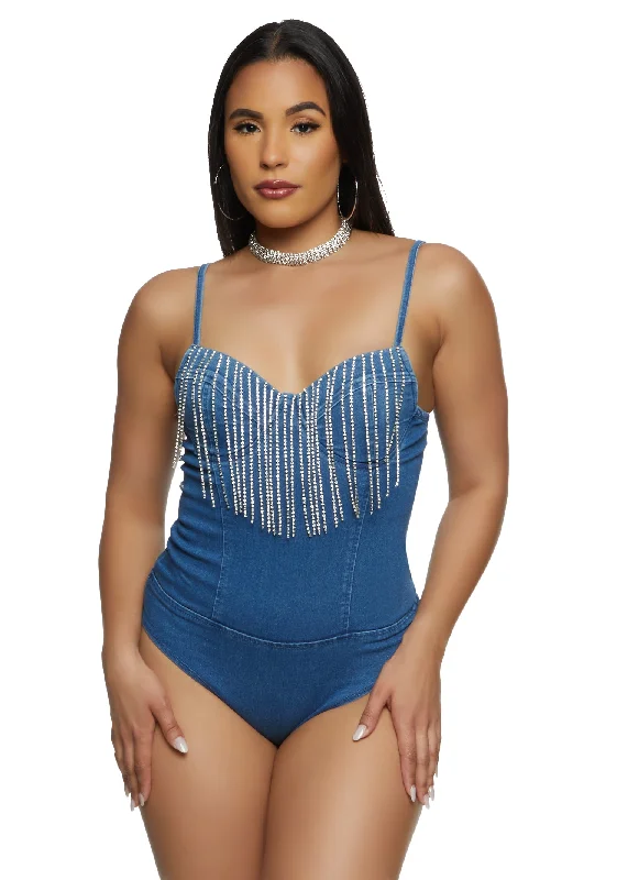 Haute Monde Rhinestone Fringe Denim Bodysuit