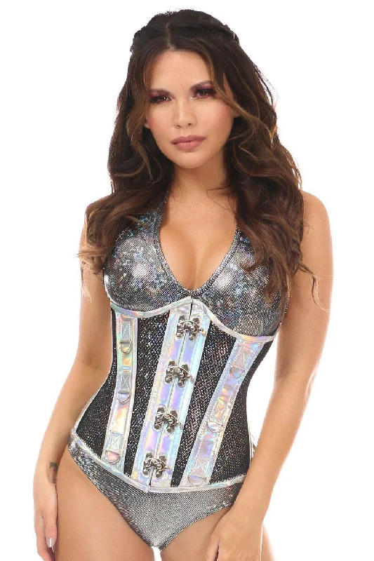 Top Drawer Silver Holo & Black Fishnet Steel Boned Under Bust Corset