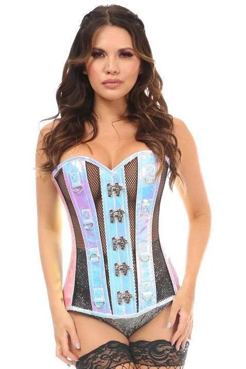 Top Drawer Blue Holo & Black Fishnet Steel Boned Over Bust Corset