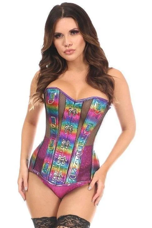 Top Drawer Rainbow Glitter PVC & Black Fishnet Steel Boned Over Bust Corset