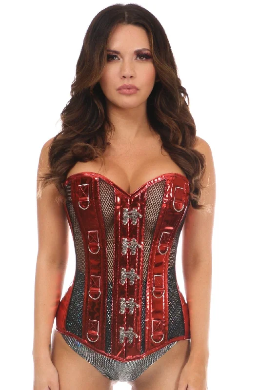 Top Drawer Red Metallic PVC & Fishnet Steel Boned Corset