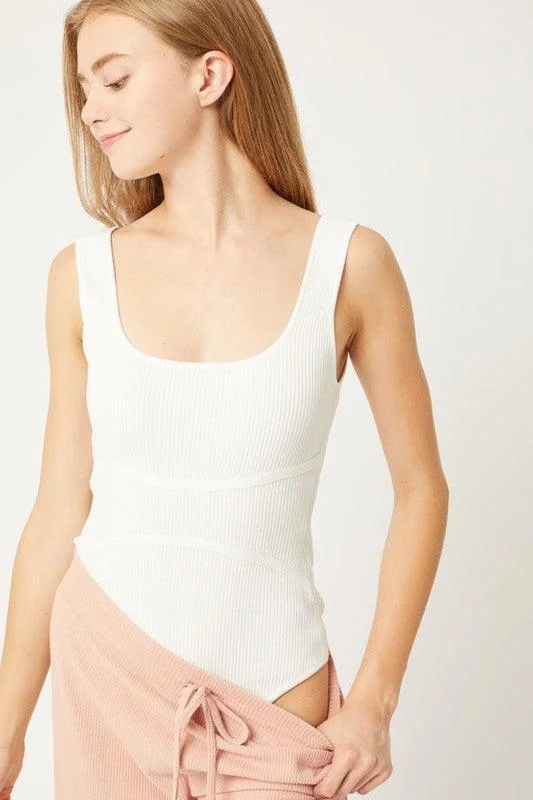 White Ribbed Scoop Neck Bodysuit