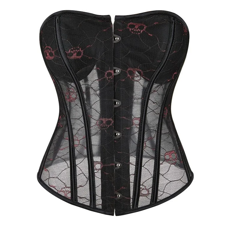 Women's Gothic Skull Printed Mesh Overbust Corset