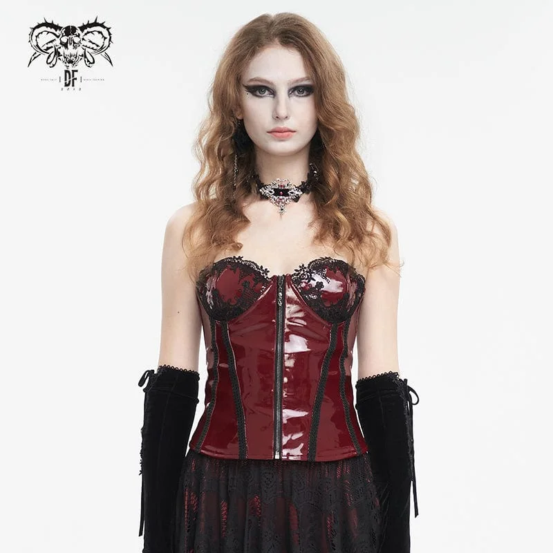 Women's Punk Lace Splice Patent Leather Overbust Corset Red