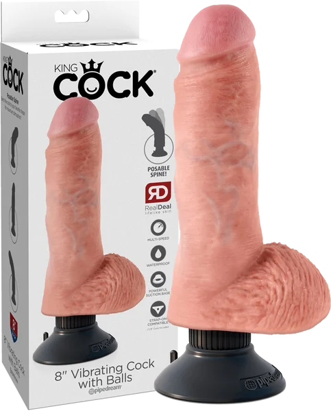 King Cock - 8" Vibrating Cock With Balls - Flesh