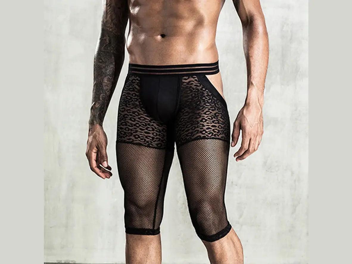 Gay Pantyhose | Transparent Mesh Leopard Open Butt Knee Length Pantyhose